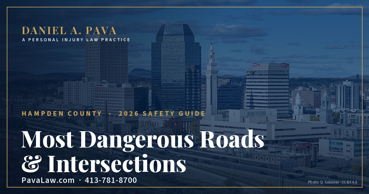 Cover of the 2026 Springfield and Hampden County dangerous roads safety guide, showing the Springfield skyline
